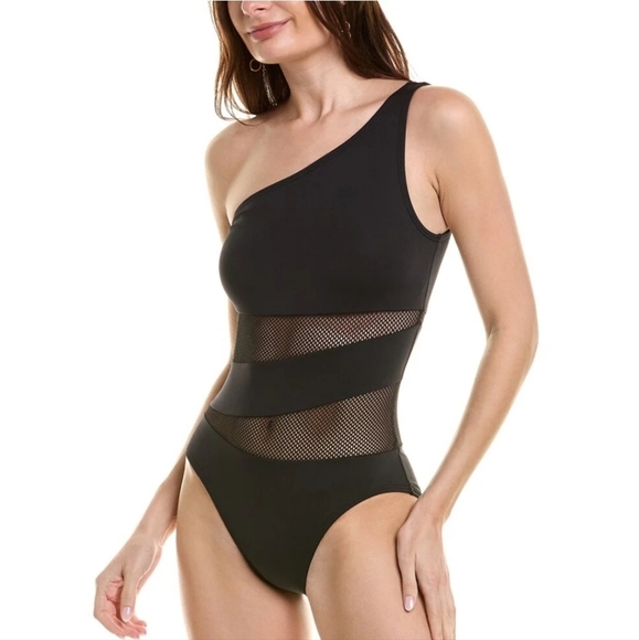 Carmen Marc Valvo Gilt Outlet  Spliced One-Shoulder One-Piece 8 - Picture 1 of 9